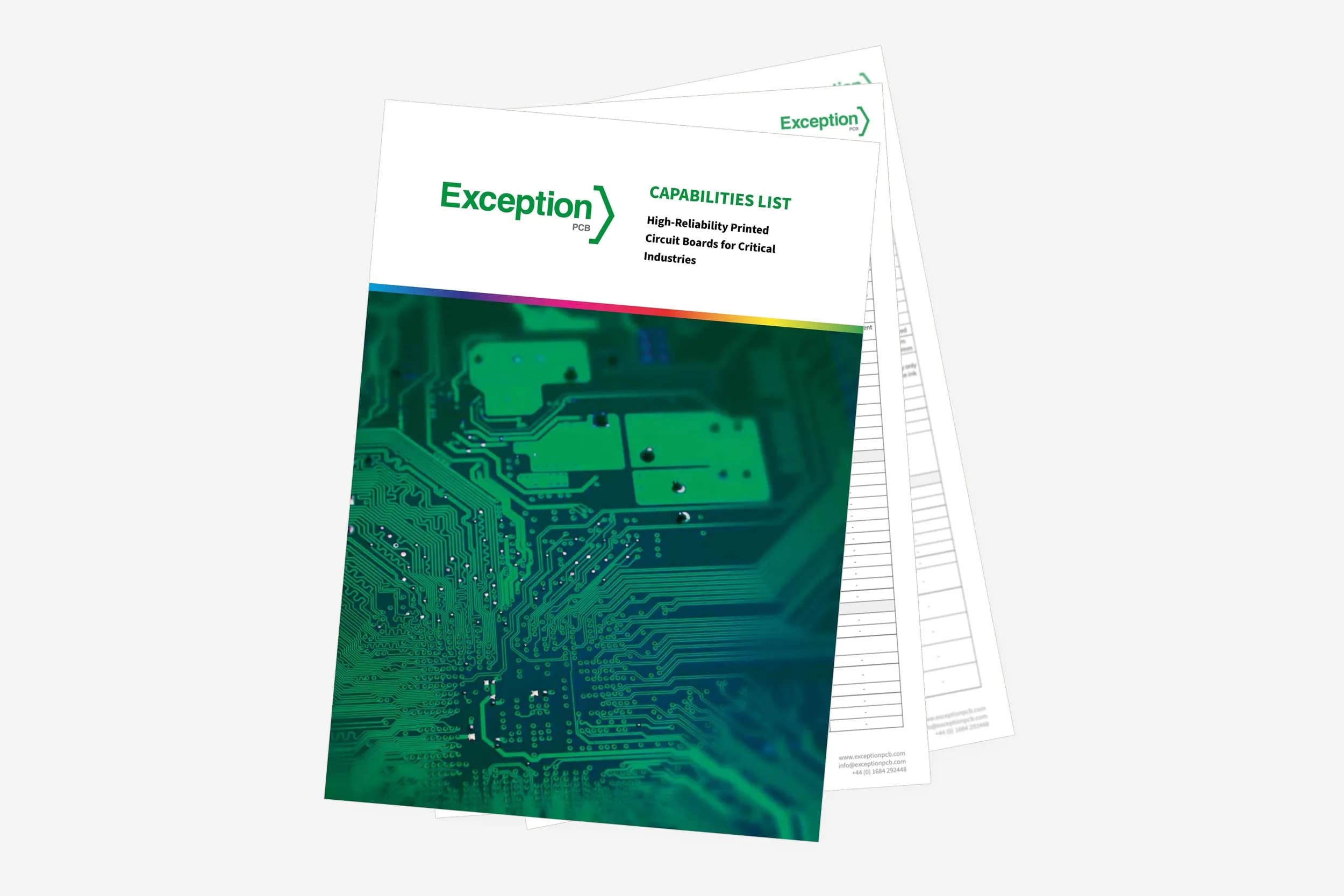 Fanned out image of the Exception PCB's capabilities list to support design for manufacture