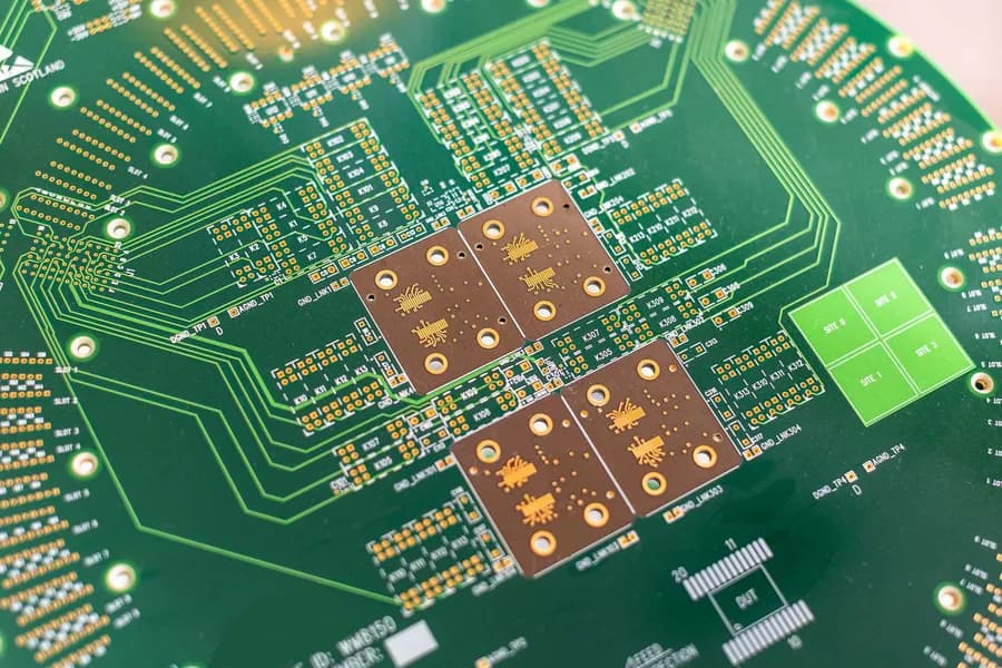 Close-up of a circular green printed circuit board panel showing gold-plated component footprints and intricate fine-line trace routing.