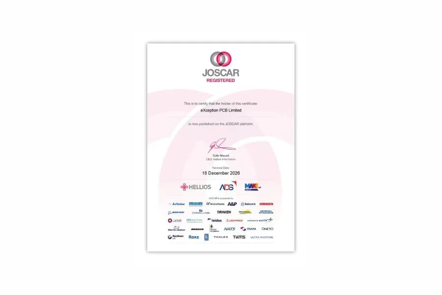 JOSCAR registration certificate for Exception PCB Limited, confirming verified supplier status for aerospace, defence and security supply chains, valid to December 2026