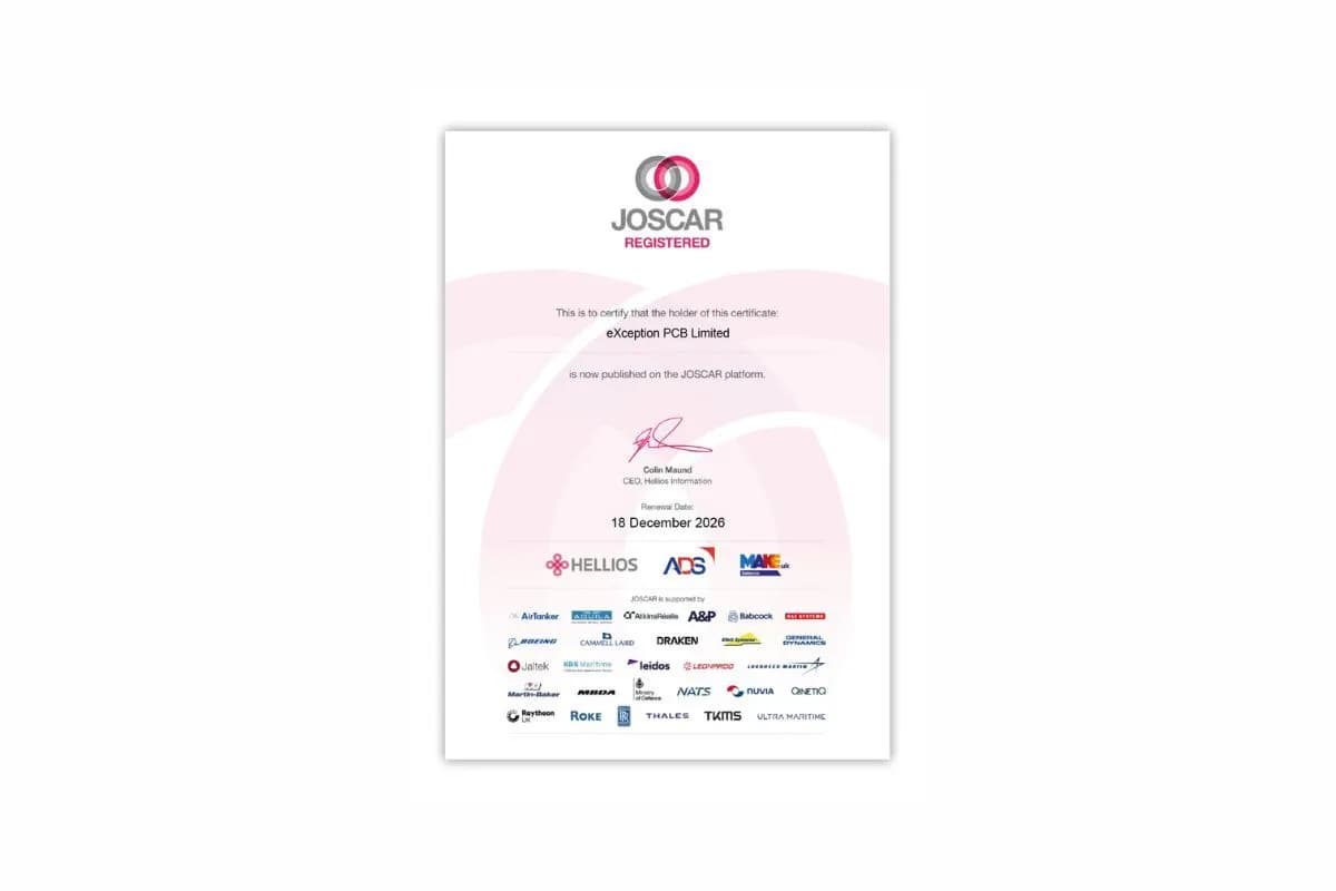 JOSCAR registration certificate for Exception PCB Limited, confirming verified supplier status for aerospace, defence and security supply chains, valid to December 2026