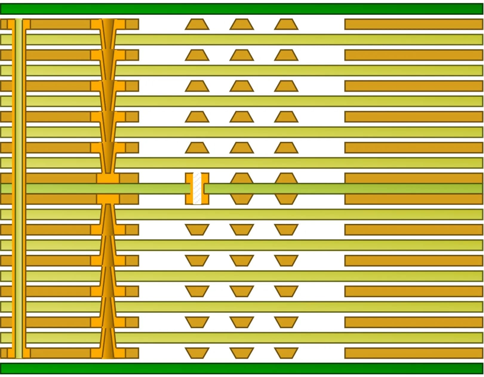Technical cross-section diagram of a high-layer count multilayer PCB stackup showcasing buried, blind, and through-hole vias.