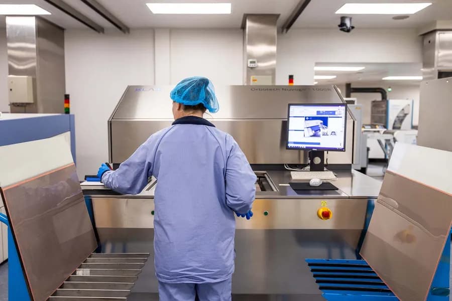 Exception PCB operator at the Orbotech Nuvogo 1000R laser direct imaging system in the cleanroom imaging area at the Tewkesbury facility