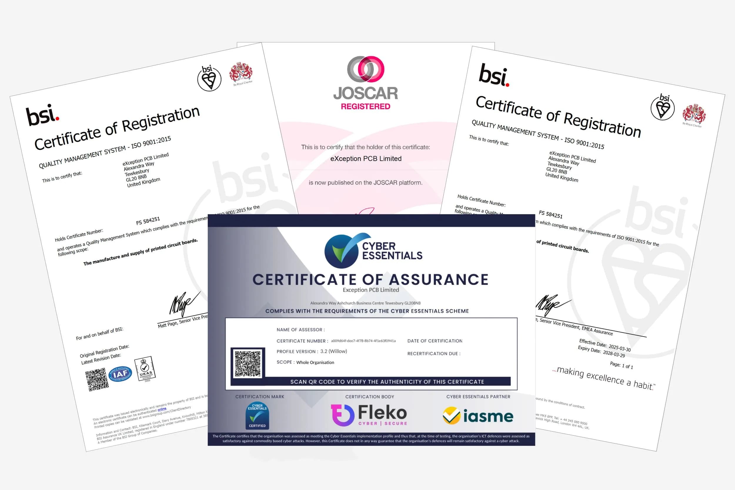 Fanned out image of the Exception PCB's quality documentation and certifiations
