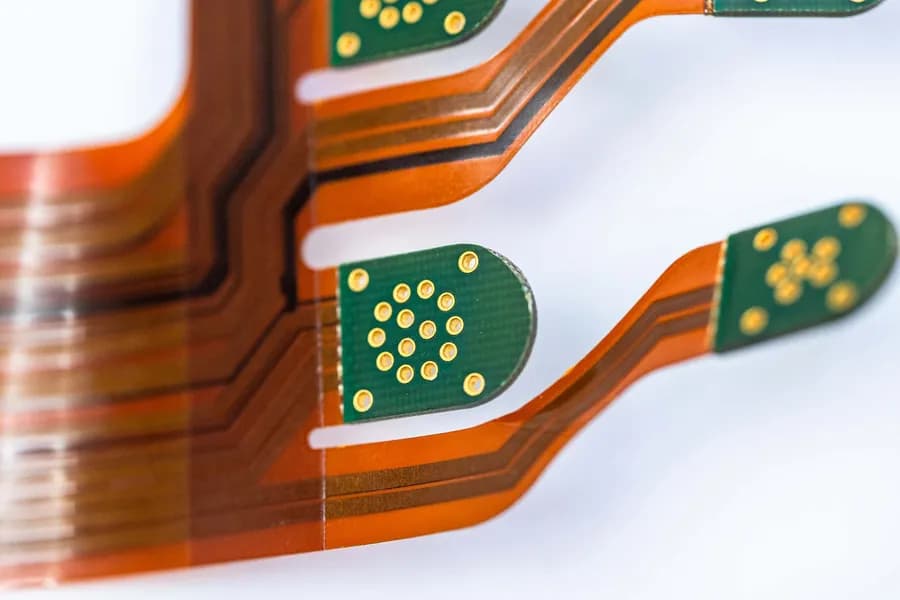 A close-up image of a rigid-flex PCB showing amber polyimide flex layers and green rigid sections with plated vias and fine copper traces.